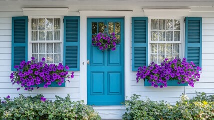 Teal window box with purple petunias and teal shutters and door on the front part of a white cottage 