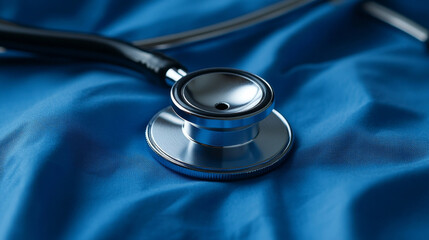 Stethoscope on blue fabric, symbolizing healthcare and medical practice. shiny metal reflects light, creating professional and clinical atmosphere