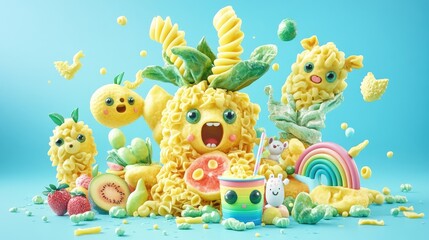 Naklejka premium Playful pasta characters enjoy a fruity drink, surrounded by colorful food and a rainbow. Ideal for kids' food packaging