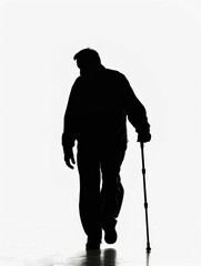 Silhouette of an Elderly Person Walking with a Cane