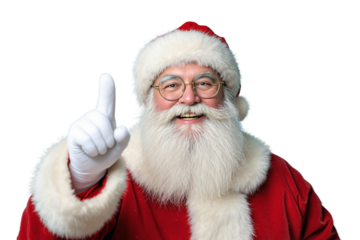 Santa Claus in red attire and glasses, smiling and pointing upwards, isolated on a white background. Concept of Christmas and holiday cheer. Ai generative