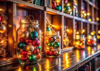 Fototapeta premium Festive Christmas Decorations in Glass Jars on Bookshelf - Holiday Celebration
