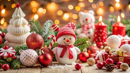 Festive Christmas Decorations: White & Red Toys, High Depth of Field Stock Photo