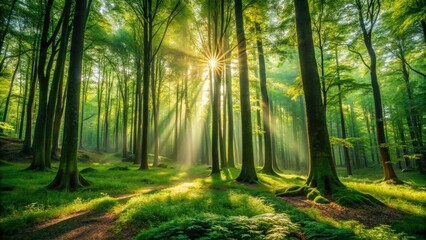 Panoramic View of Majestic Forest Trees, Lush Green Canopy, Sunlight Dappled Woods