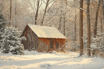 A rustic wooden cabin nestled in a snow-covered winter forest, bathed in sunlight.