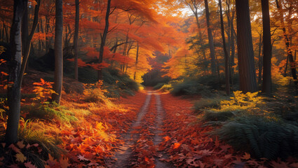 Serene Forest Path Surrounded by Vibrant Autumn Foliage and Sunlight