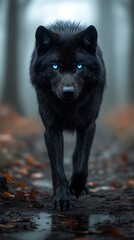 Close-up of a majestic black wolf with glowing blue eyes in a twilight forest, showcasing a mysterious aura.