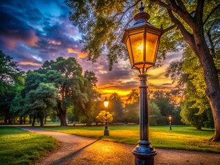 Panoramic View of Old Street Lamp in a Serene Park at Dusk