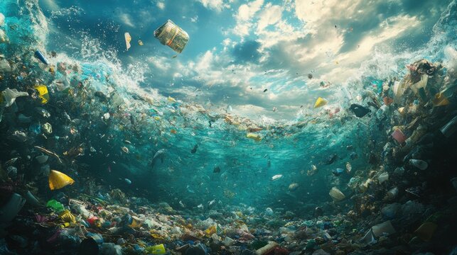 Ocean pollution crisis plastic waste accumulation marine environment underwater viewpoint global impact