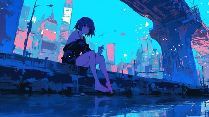 City Pop Serenity, young woman at riverbank, gazing at city lights' reflections, bold outlines, solid colors, pop art style, cool geometric design, tranquil urban vibe.