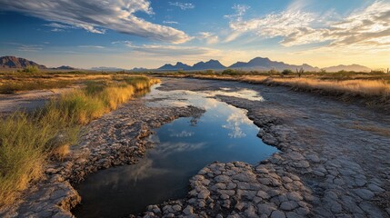 Sunset reflection over dry riverbed desert landscape nature photography tranquil environment wide-angle view serenity concept