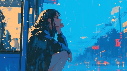 City Pop Serenity, young woman at a bus stop in evening rain, neon reflections on wet pavement, bold outlines, simple colors, geometric style, cool calming palette.
