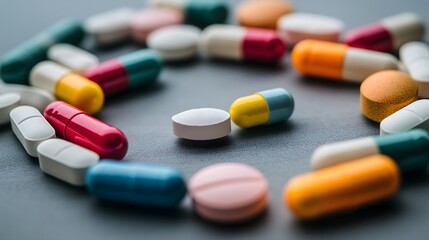 Surreal arrangement of colorful medication capsules and tablets floating in an abstract composition