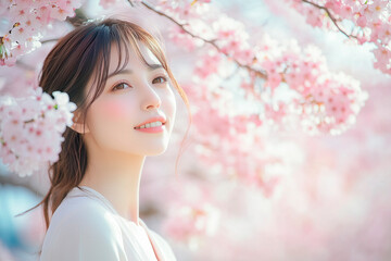 満開の桜と若い日本人女性