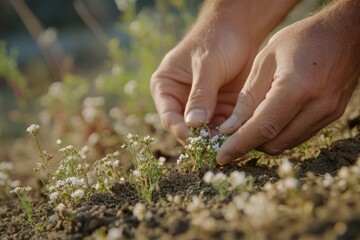 Fototapeta premium Close-up of hands gently planting delicate white flowers in rich soil, showcasing careful gardening.