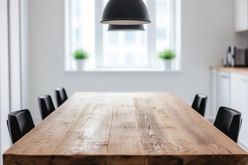 Fototapeta premium Industrial style with rustic touches in an open space. Modern dining table with minimalist decor and natural light.