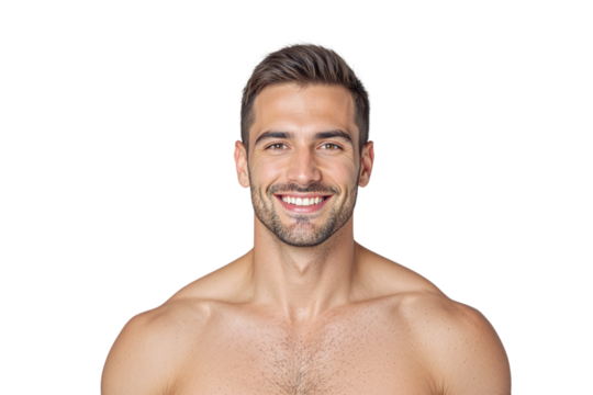 Smiling shirtless man with short dark hair and light stubble, isolated on a clean white background. Concept of happiness and natural beauty. Ai generative