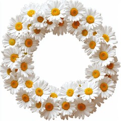 Obraz premium Elegant Floral Wreath Design with Fresh White Daisies and Bright Yellow Centers for Celebratory Occasions