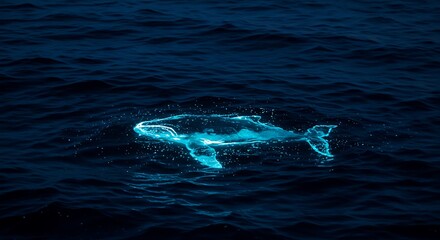 Fototapeta premium Glowing futuristic abstract whale swimming in dark deep blue ocean water, concept for marine conservation, environmental awareness and futuristic technology