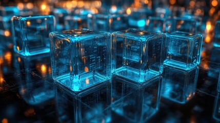 A close-up view of a transparent blue 3D bar chart illustrating a rising trend.