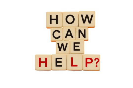 Wooden letter blocks displaying the phrase How Can We Help? isolated on a white background. Concept of assistance, support, and guidance. Ai generative