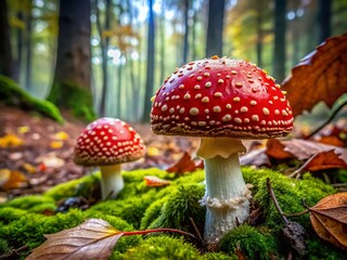 Fototapeta premium Fly Agaric Mushroom Close-Up: Toxic & Hallucinogenic Fungi in Forest Habitat
