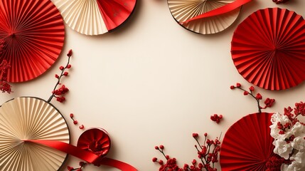 Vibrant Display of Red and Gold Decorative Paper Fans Illuminating a Festive Atmosphere with Rich Cultural Significance and Artistic Flair Capturing the Essence of Celebration and Joy