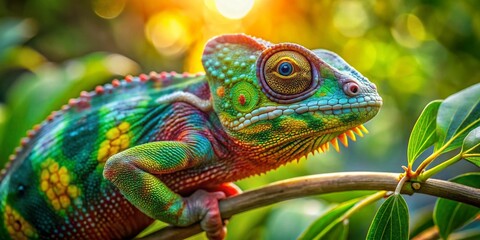 Obraz premium Panthera Chameleon on Branch, Vibrant Green Reptile in Natural Habitat