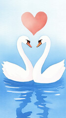 pair of swans in serene watercolor pond, symbolizing love and harmony. soft blue tones create peaceful atmosphere