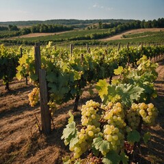 A picturesque vineyard in late summer with rows of ripe grapes.
