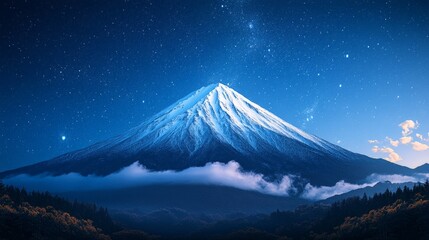 Majestic Snowy Mountain Under a Starry Night Sky