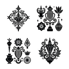 Elegant Vintage Ornamental Lantern and Decorative Elements – Black Silhouette Vector