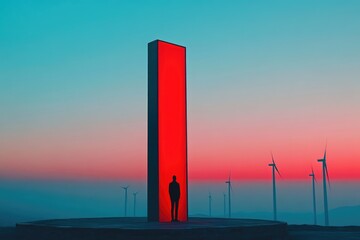Silhouetted figure stands before a glowing red portal, wind turbines in a hazy sunset landscape.