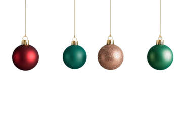 Four colorful Christmas ornaments, including red, green, and gold, hanging on strings, isolated on a white background. Holiday decoration concept. Ai generative.