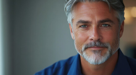 Obraz premium Handsome middle-aged man with gray hair smiles warmly against a softly lit background in a modern indoor setting