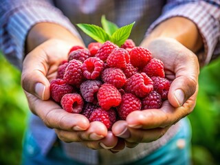 Fresh Raspberries in Hand - Summer Fruit Close Up