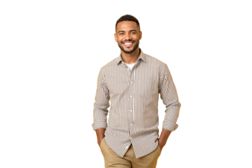 A cheerful man wearing a striped shirt and beige pants, isolated on a white background. Concept of positivity, style, and casual fashion. Ai generative.