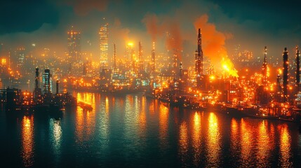 Naklejka premium Nighttime Industrial Cityscape Reflecting in Water