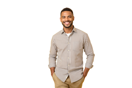 A cheerful man wearing a striped shirt and beige pants, isolated on a white background. Concept of positivity, style, and casual fashion. Ai generative.