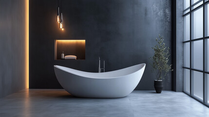 Luxurious contemporary bathroom with an organically shaped bathtub against a dark wall. Large window to the right.
