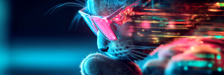 cool cat wearing pink sunglasses with vibrant, colorful background, exuding playful and futuristic vibe