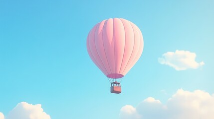 Fototapeta premium Pink hot air balloon floating in the sky with fluffy white clouds, dreamy travel scene