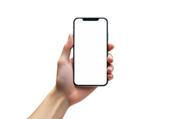 A closeup of a hand holding a smartphone with a blank white screen, isolated on a white background. Concept of mockup, template, or design space. Ai generative.