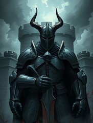Naklejka premium A dark knight stands before a medieval castle.