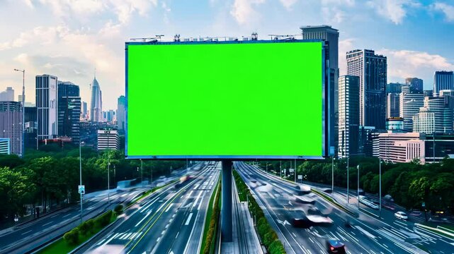 Blank advertising billboard with isolated green screen. Digital display marketing green background. Mock Up chroma key backdrop. Large Street Billboard on the modern building. Daytime. Traffic, crowd.
