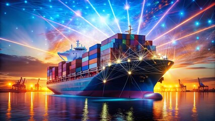 Futuristic 3D Ship Transportation: Double Exposure of Cargo Vessel and Global Network