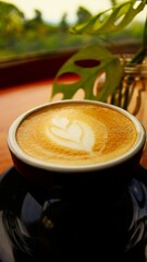 Hot Coffee Latte Art in a Black Cup on Wooden Table