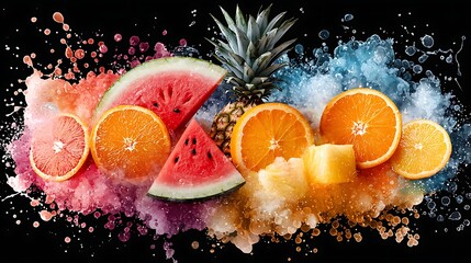 Vibrant fruit explosion featuring watermelon pineapple and orange slices studio food photography black background freshness concept