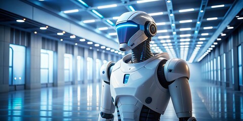 Futuristic White Robot with Blue Lights in Modern Architectural Setting