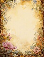 vintage nature background, floral ephemera border, frame on antique paper junk journal paper crafts 